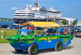 The amphibious Harbour Hopper tour bus/boat, shown in this 2017 file photo with the Maasdam cruise ship in the background, has been absent from Sydney’s streets and harbour this year. The head of the company that operates the unique tour said two trial seasons showed that the Cape Breton port is not yet ready to support the initiative. But Ambassatours Gray Line president and CEO Dennis Campbell said he hopes the Harbour Hopper will someday return to the Sydney waterfront.