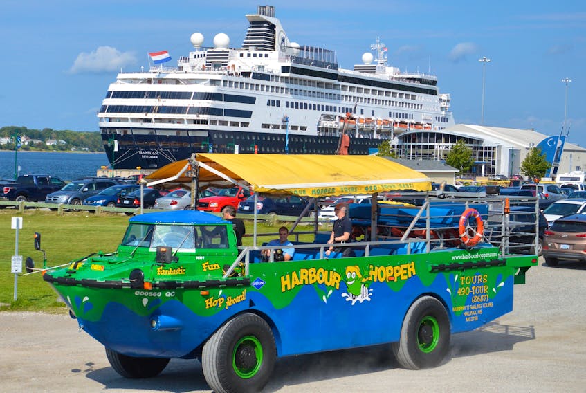 The amphibious Harbour Hopper tour bus/boat, shown in this 2017 file photo with the Maasdam cruise ship in the background, has been absent from Sydney’s streets and harbour this year. The head of the company that operates the unique tour said two trial seasons showed that the Cape Breton port is not yet ready to support the initiative. But Ambassatours Gray Line president and CEO Dennis Campbell said he hopes the Harbour Hopper will someday return to the Sydney waterfront.