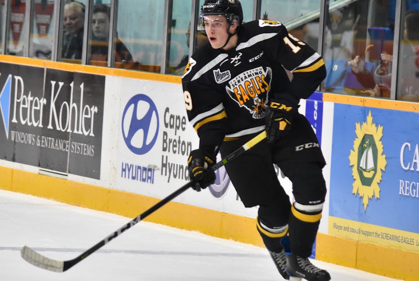 Former Cape Breton Screaming Eagles forward Drake Batherson, shown here in action at Centre 200 before he was traded, will lead the Blainville-Boisbriand Armada into their President Cup series with the Acadie-Bathurst Titan. Game 1 of the best-of-seven Quebec Major Junior Hockey League championship series begins Friday night in Boisbriand, Que.