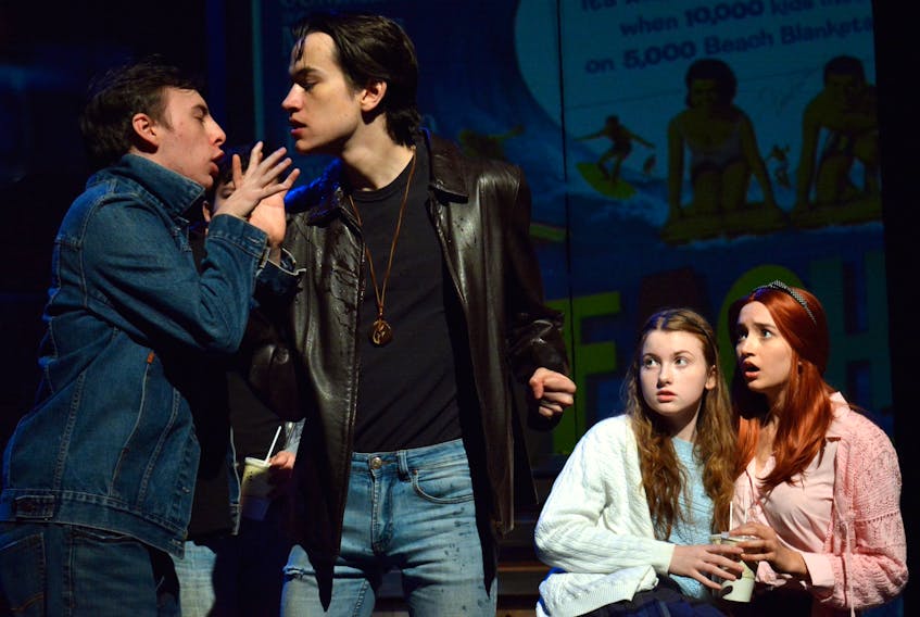 From left, Patrick Curtis as Johnny, Graeme McNabb as Dallas, Jenny Danyluk as Marcia and Naomi Colford as Cherry in the 2018 production of “The Outsiders.” CONTRIBUTED