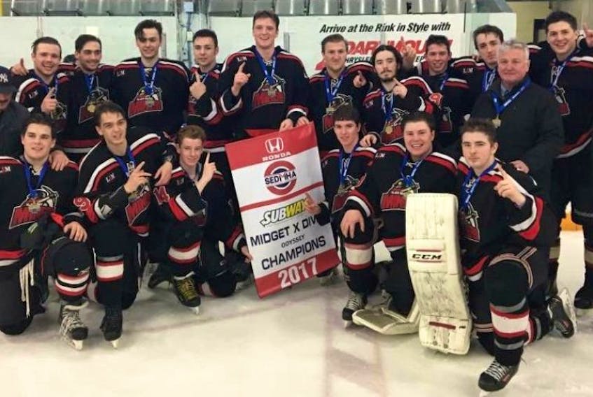 The Glace Bay Miners captured the Nova Scotia midget ‘X’ championship on Sunday in Halifax. In front, from left, are Connor Campbell, Dylan Pimmental, Colin Rosta, Brandon MacLean, Kaine Drake and Logan Burke. Back row, from left, are trainer Keith Jackson, assistant coach Philip O’Neill, Logan Struthers, Christian Jackson, Chase Fraser, Parker Spencer, Nathan Livingston, Justin MacDougall, Logan Bresowar, Drew Baxter, Cameron Yates, coach Barrie Campbell, Chad O’Neill, and manager Tyler Baxter.