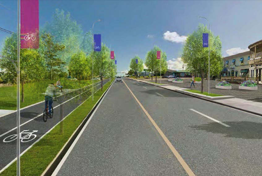 This is a vision for Port Hawkesbury's main thoroughfare after it is redeveloped, according to a Destination Reeves Street document. The concept includes putting Reeves Street through a road diet, reducing the busy provincially owned four-lane highway to three lanes, which has prompted some safety concerns.
