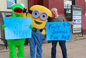 Kermit the Frog (Will MacPherson) and a Minion (Alicia Francis) helped Craig Besaw welcome people to the family funday event on Tuesday, celebrating the 50-year anniversary of Family Service of Eastern Nova Scotia at the Sydney location where they work.