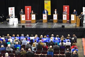 All seven candidates in the riding of Sydney-Victoria took to the Centre 200 stage for a debate in front of an estimated crowd of 300 people at the Sydney venue on Thursday. From left: Lois Foster (Green Party), Archie MacKinnon (Independent), Jodi McDavid (NDP), Eddie Orrell (Conservative), Jaime Battiste (Liberal), Randy Joy (Veteran’s Coalition Party of Canada) and Kenzie MacNeil (Independent). JEREMY FRASER/CAPE BRETON POST