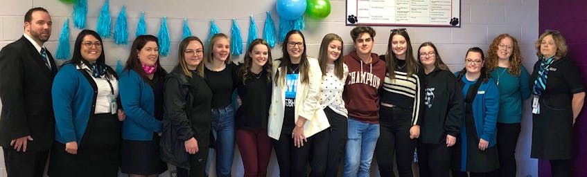 A teacher and students from Glace Bay High School were recently recognized for their efforts in the WE Schools program since 2012. Students have been raising money through various campaigns including WE Are Silent, WE Bake for Change and WE Create Change. They have supported communities in Sierra Leone, raising $10,000 over the past two years. Recently they were given the opportunity to experience WE Day Atlantic Canada in Halifax, thanks to WestJet. From left to right are Matthew Boyd, Alicia Morrison, Kelly Somers, Madison Capstick, Breagh Kelly, Allie Donovan, Brittany MacLean, Andrea Battiste, Joey Poirier, Marley Hiscock, Katie Mills, Jillian Roper, Maria Miller and Rosemary Murrin.