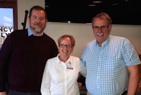 Guest speakers are often on the agenda at the Sydney-Sunrise Rotary Club and on Oct. 31 it was Mike MacSween, executive director of the Celtic Colours International Festival. From left, MacSween, club president Linda Crockett and John Malcom, who introduced the guest speaker.