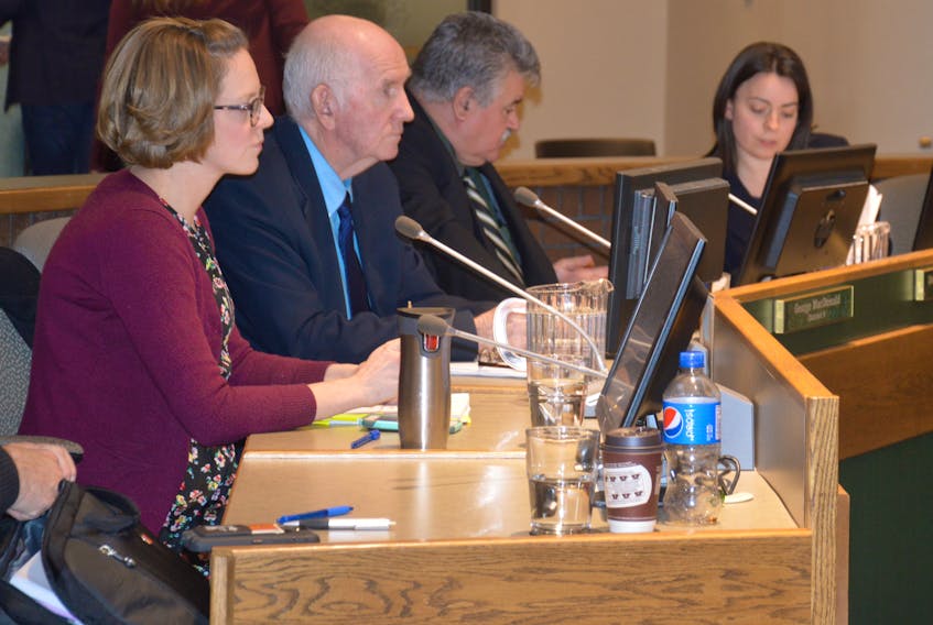 CBRM councillors Amanda McDougall, from left, George MacDonald, Darren Bruckschwaiger and Kendra Coombes are seen during Tuesday night’s council meeting.