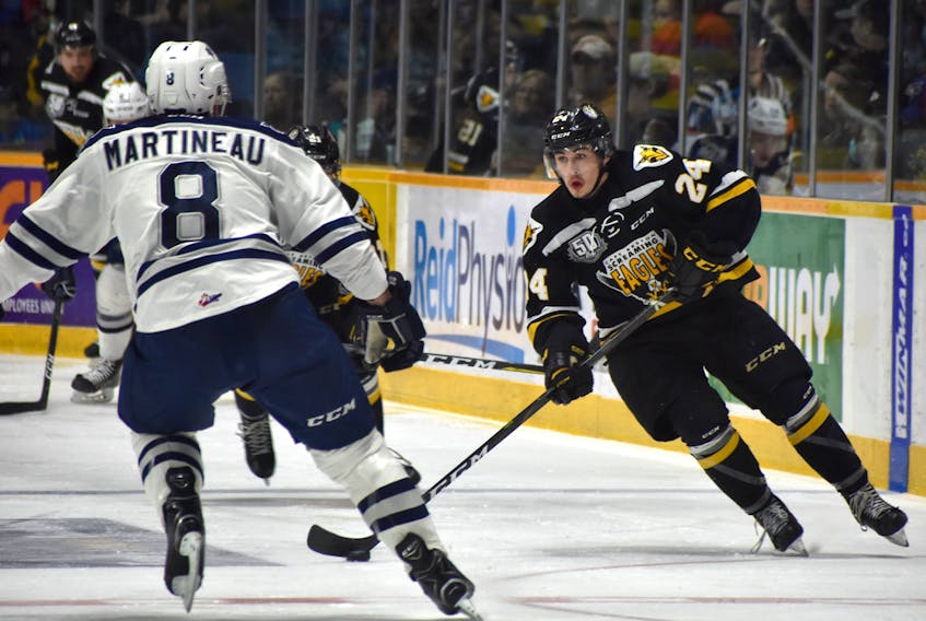 Cape Breton Screaming Eagles forward Ryan Francis, right, was a second-round pick by the local Quebec Major Junior Hockey League team at the 2017 QMJHL Entry Draft. He’s appeared in 136 career games to date, recording 21 goals, 48 assists and 69 points