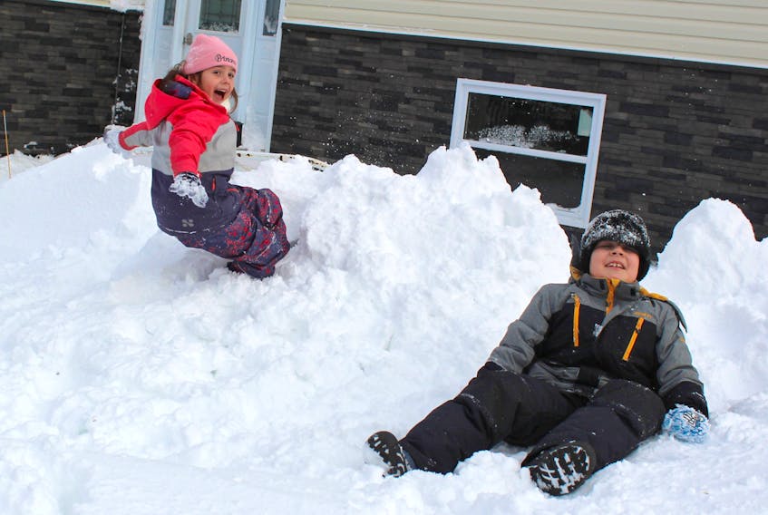 Seven-year-old Lily Antle, left, leaps backwards into the snow after her brother Reid, eight, finished rolling down a little hill they had made while playing outside on Jan. 6, after the first day of school was cancelled because of a winter storm the day before.