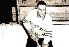 Terry McCarron of Ashby as a member of the Northside Combines in the late 1950s. His hockey career included provincial championships and the opportunity to play in the New York Rangers junior farm system in Guelph, Ont.