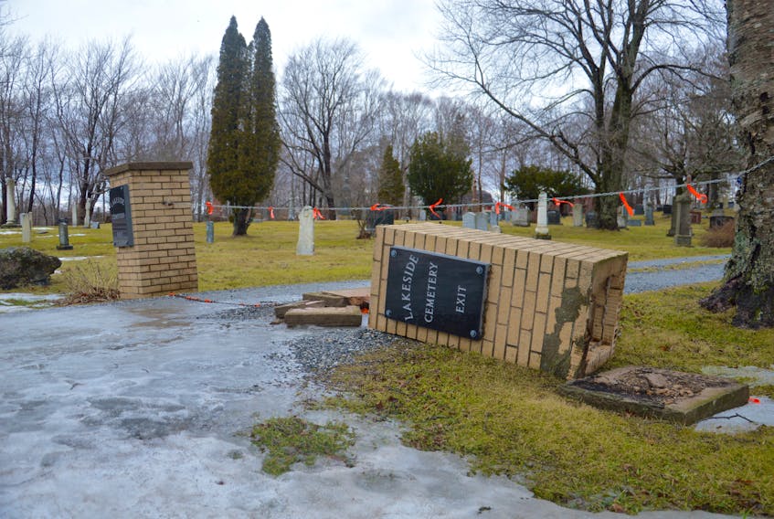 Two brick pillars were recently damaged at the entrance of Lakeside Cemetery on Johnson Road in North Sydney. The pillars, which are about two feet by two feet in width and four feet tall, were knocked over sometime over the weekend. Cape Breton Regional Police are investigating.