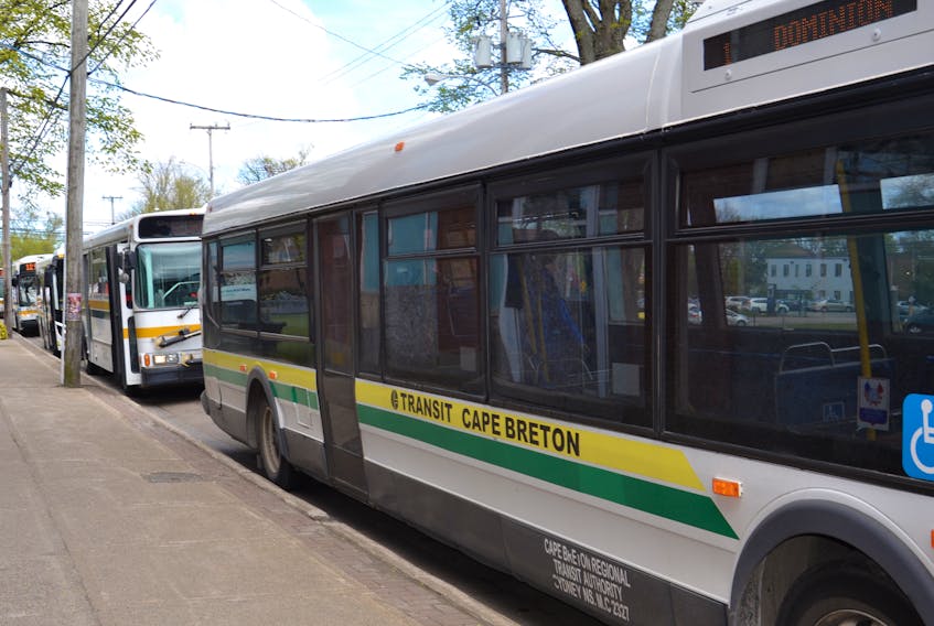 Cape Breton Transit buses line up at their regular stop on Dorchester Street in Sydney in this file photo. Transit will offer a new Sunday express bus service between Glace Bay and Sydney starting in September. The limited (five hours per day) operation will be funded by Cape Breton University.