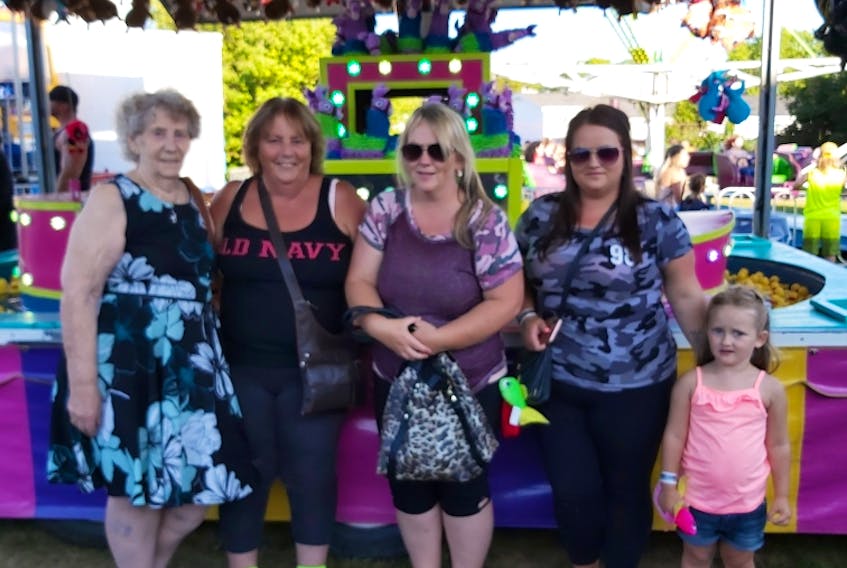 Five generations came together in August at this year's Cape Breton Exhibition in North Sydney. Shown from left are Rose Hoeg and her daughter, Dianne Hall, Hall's daughter Tanya O'Toole, O'Toole's daughter Nickeda O'Toole and finally Nickeda O'Toole's daughter and Hoeg's great-great granddaughter, Jorja Currie