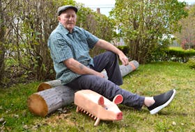 Cape Breton artist Murray Gallant sits on a utility pole in his yard on Heelan Street, New Waterford, with a pig he hand-carved from it. Gallant, 81, who has been hand-carving folk art for more than 40 years now, said he had been anxious to do some pieces and was wondering where he could get some wood when post-tropical storm Dorian hit and left a telephone pole hanging by its wires at his front gate. Gallant has 16 pieces of his folk art preserved in the Art Gallery of Nova Scotia.