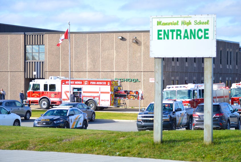 Cape Breton Regional Police and the Sydney Mines Volunteer Fire Department were called to Memorial High School in Sydney Mines after a smoke signal canister was set off inside the building Thursday morning. JEREMY FRASER/CAPE BRETON POST