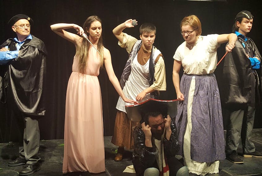 The cast of “The Magical Retelling of the Fountain of Fair Fortune,” left to right include, Harvey Pike, Julienne Cordy, Rylie White, Matthew Boyd (kneeling), Emma Francis and Graeme McNabb. Their latest production debuts at CaperCon at Center 200 on Friday September 20 at 7 p.m. CONTRIBUTED/JULE ANN HARDY