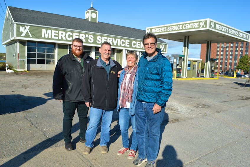 Todd Mercer, left, owner and general manager of Mercer Fuels, stands with the owners of Mercer’s Service Centre on the Esplanade in Sydney that include, continuing from the left, his father David and David’s siblings Brenda Mercer and Gary Mercer. The property is one of numerous pieces of land the province has acquired for the building of the new Nova Scotia Community College Marconi Campus. Oct. 15 will mark the last day of Mercer’s Service Centre before closing for good. Todd said he’ll carry the Mercer legacy on with the separate family business Mercer Fuels Ltd., a home heating business.