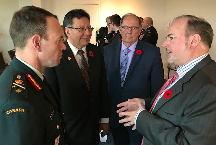 From left, Brig.-Gen. Derek Macaulay, Senator Dan Christmas, John Young, chair of Canadian Forces Liaison Council (N.S.) and Duncan MacEachern of Lorway MacEachern. Submitted photo/Owen Fitzgerald