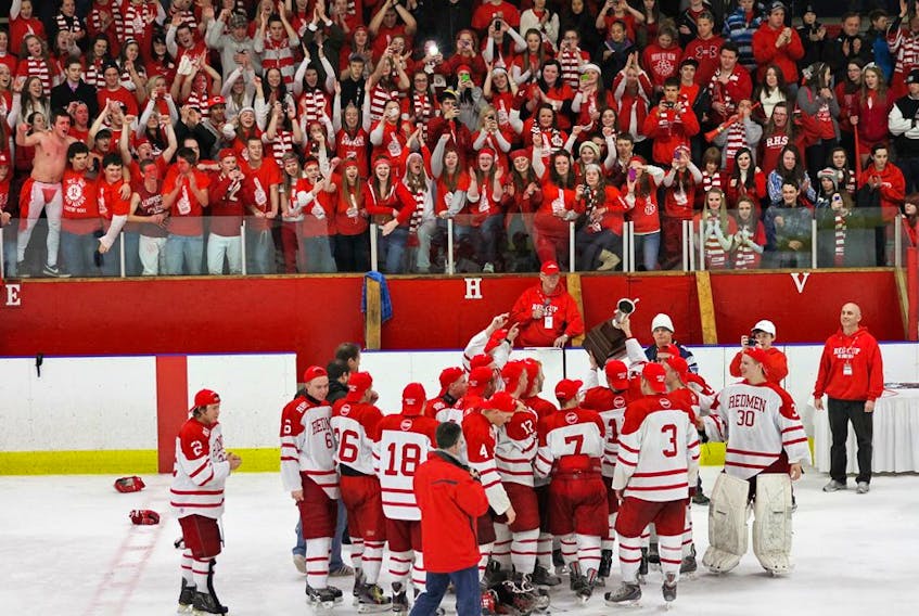 Riverview High School is planning to make changes to its Red Cup Showcase high school hockey tournament format for the 2020 edition. The decision, which hasn't officially been announced by the school, has sparked lots of reaction from parents and former students of Riverview High School. In this photo, the Riverview Redmen are shown after winning the tournament championship in 2012.