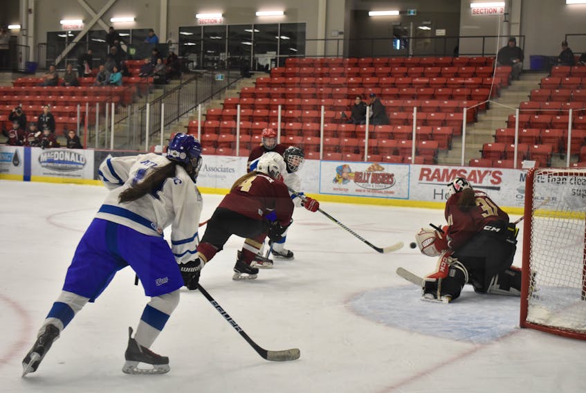 Team Atlantic sniper Jolena Gillard went top shelf on this first period scoring drive during Friday morning action at the National Aboriginal Hockey Championship in Membertou on Friday. Gillard scored the goal after some nifty dekes around several Team New Brunswick defenders.