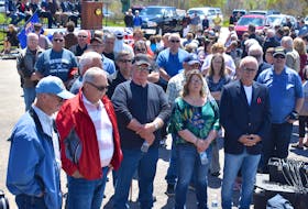A group of 27 people, including NDP leader Gary Burell and MLA Tammy Martin, turned their back on MLA Geoff MacLellan during his speech at the Davis Day service in Glace Bay. Held at the Miners’ Museum about more than two hundred people were in attendance for the event, which also marked the unveiling of the new Miners’ Memorial Park at the site. Bobby Gillis, front right, works on behalf of miners trying to get worker’s compensation claims and said they turned their back on MacLellan to show they stand in solidarity with the injured Donkin miners currently fighting to have their compensation benefits extended past age 65. NIKKI SULLIVAN/CAPE BRETON POST