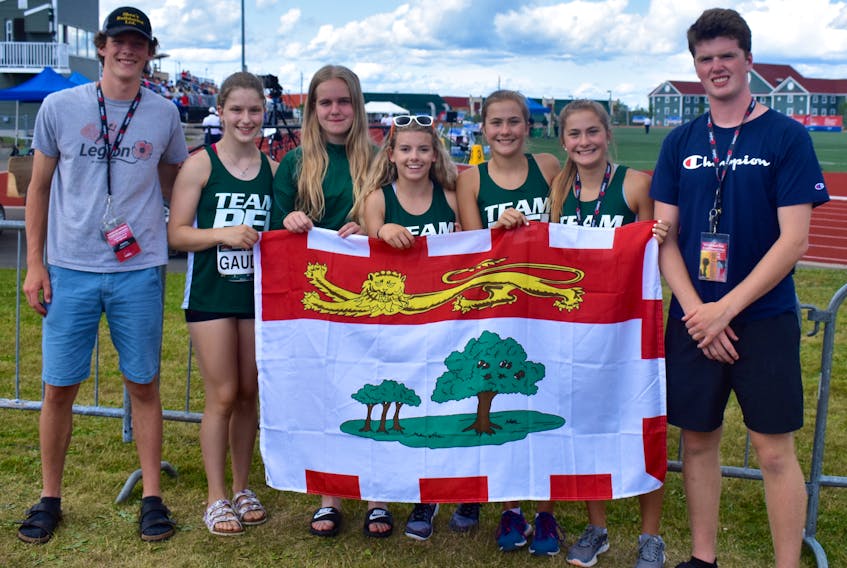 The seven-person Prince Edward Island squad poses for a group photograph during the final day of competition at the Royal Canadian Legion National Youth Track and Field championships that were held in Cape Breton, Aug. 9-11. The team from Canada's smallest province didn't set the track and field world on fire, but they did say they had a wonderful time and are looking forward to returning to the 2020 event that will also be held at Cape Breton University. From left: Thomas Docherty, Katie Gaudet, Leah Johnston, Shailynn Richards, Kalie Richard, Grace Riahcard and Thomas Yeo.