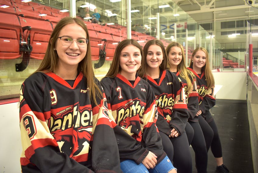 The MacIntyre Chevy Panthers will have five graduating players on this year’s Nova Scotia Female Midget ‘AAA’ Hockey League team. The club will open the new season this weekend against the EDZA East Subaru Rockets of Moncton. The graduating players, from left, Erin Denny, Shawna Brown, Molly Baxendale, Stevi Jardine and Shann Cox.