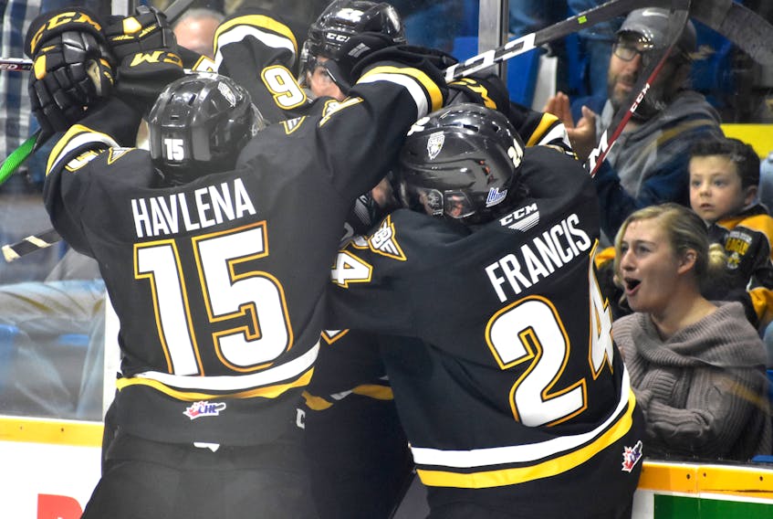 The Cape Breton Eagles line of Egor Sokolov, Ryan Francis and Shawn Boudrias has combined to record 33 points over the team’s last five Quebec Major Junior Hockey League games. Sokolov, Boudrias, Francis and Kyle Havlena celebrate a recent goal at Centre 200 in Sydney.