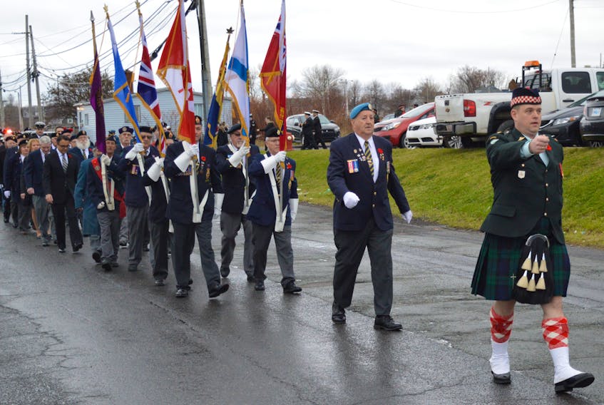 Major Jason Doyle, of the Cape Breton Highlanders, was this year’s parade commander in Glace Bay in leading participants to the Savoy Theatre for an in-door memorial service.