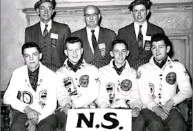 In the late 1950s, Thompson High School won back-to-back provincial Headmaster School By Curling Championships. Members of the North Sydney school team from 1958 are from left, front row, Les Hare, Bill Youden, George Rowe and Allen Kenney; back row, coach George Chapman, Dr. Heath McIntyre, Dominion School Championship host, and Alex Gilchrist, faculty adviser.