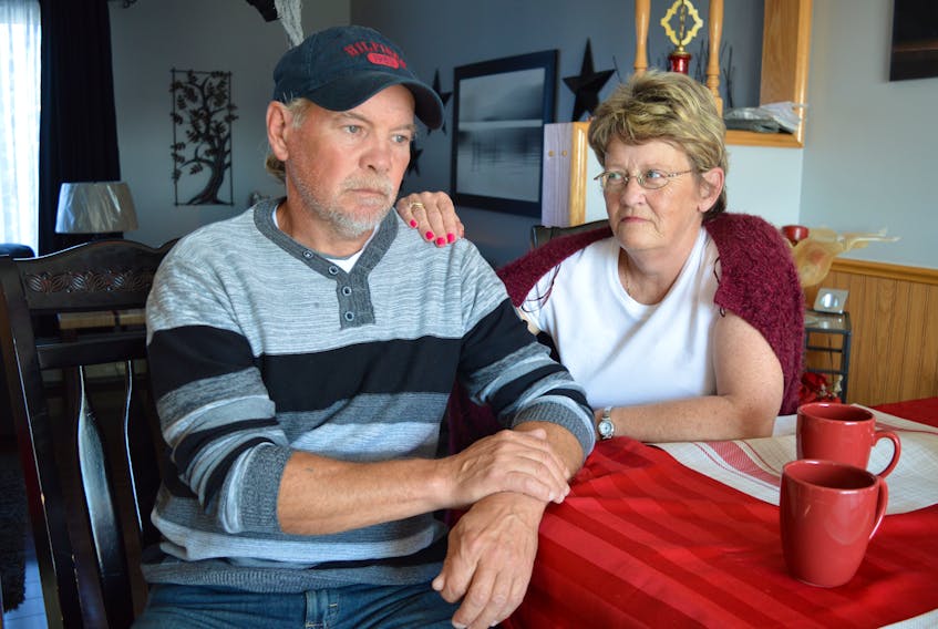 David Caines is shown with his sister Linda Head at Caines home in Glace Bay, devastated over the loss of their father, who died on Oct. 27 at the Cape Breton Regional Hospital. Head said their father was admitted because of a combative episode due to dementia and had been doing well health wise and they’ve lodged a complaint with the College of Physicians and Surgeons to find out if antipsychotic drugs given to him at the hospital might have played a part in his death. Sharon Montgomery-Dupe/Cape Breton Post