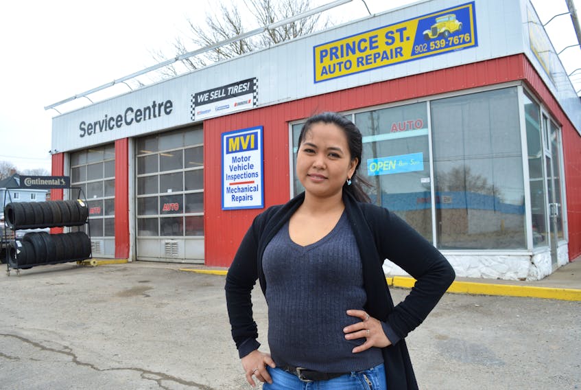 Rose Fraser, owner of Prince Street Auto Repair at 500 Prince St., Sydney, stands in front of the business. Officials with Business Cape Breton say in the past four years 40 per cent of those who started new businesses in the Cape Breton Regional Municipality were women, more than double the number of women in years prior.