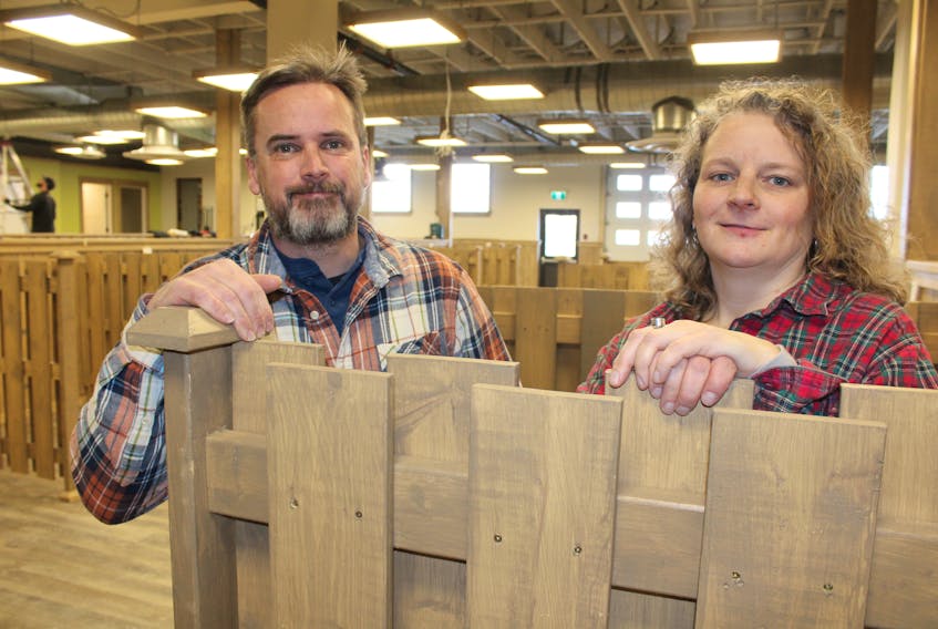 Pauline Singer, right, manager of the Cape Breton Farmers’ Market, and its board of directors’ vice-chair Steve Smith, say the market will have a soft opening on March 23, allowing about 40 vendors to fill the main floor of the former Smooth Hermans nightclub. The upper level that will house food vendors and a commercial grade kitchen will be cordoned off until renovations in that section are completed later in the spring. A number of delays in construction pushed back the market’s opening by several months. It was initially supposed to open on Oct. 6. The federal government announced last June it would spend $985,000 to assist in relocating the farmers’ market from Keltic Drive in Coxheath to downtown Sydney.
