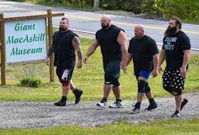 Four of the world’s strongest men arrive at the Giant MacAskill Museum in Englishtown to challenge the Herculean feats of strength attributed to the legendary giant who is said to have stood 7-foot-nine. The quartet was brought to Cape Breton as part of a Los Angeles production company on-location shoot for a pilot for The History Channel called “The Strongest Man in History” in which the participants learn about famous strongmen and then try to replicate their accomplishments.
