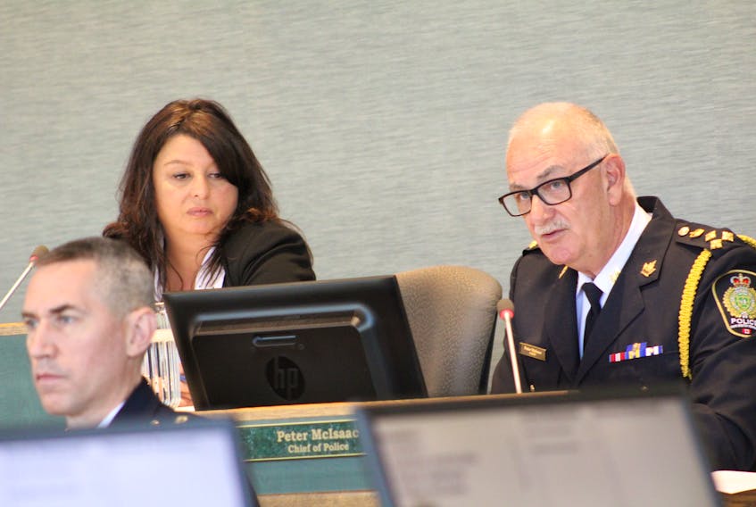 Cape Breton Regional Municipality Coun. Earlene MacMullin and Cape Breton Regional Police Chief Peter McIsaac are shown at a meeting of the CBRM police commission on Tuesday. McIsaac said there remains a funding gap related to the forthcoming legislation and regulation of cannabis.