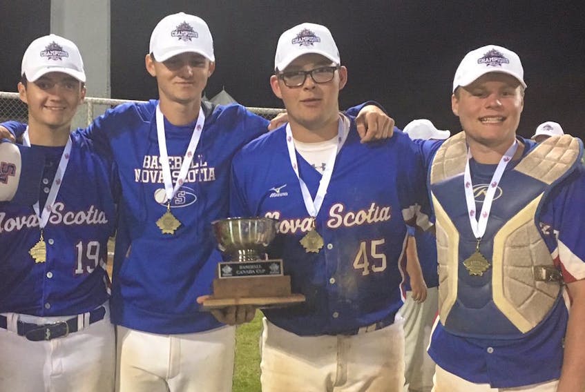 Four Cape Breton baseball players are national champions as members of the under-17 Nova Scotia team which captured the Baseball Canada Cup in Regina, Sask., on Sunday. The team defeated Ontario 3-2 in the championship game, marking the first-ever Canada Cup title for the province. From left, Parker Hanrahan, Brett MacMullin, Breton Sibley and Corson O'Rourke.