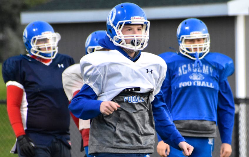 Dawson MacNeil of the Sydney Academy Wildcats takes part in a drill during the team’s practice at Open Hearth Park in Sydney on Thursday. MacNeil and the Wildcats will open the Nova Scotia School Athletic Federation football season on Sunday when they host the Cobequid Educational Centre Cougars.