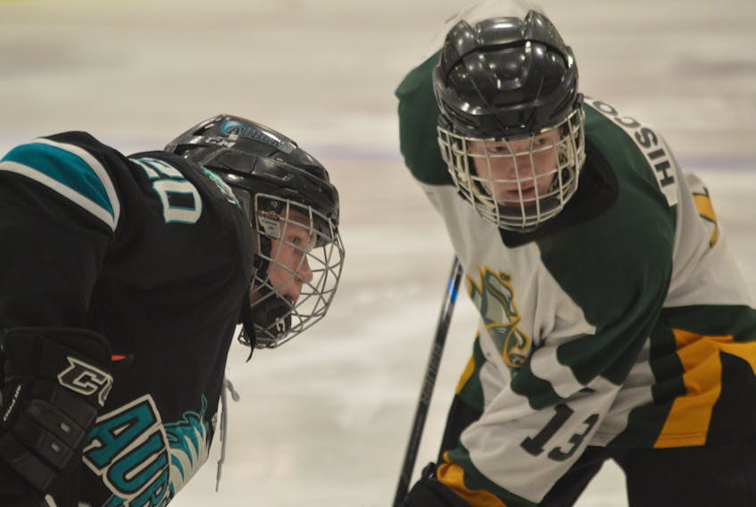 Evan Hiscock of the Memorial Marauders, right, is one of only three veteran players back from last year’s roster. The Cape Breton High School Hockey League season opens Sunday when the Glace Bay Panthers host Memorial at the Canada Games Complex.