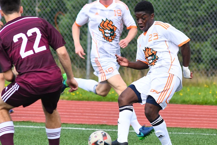 Cory Bent, right, a second-year striker from Preston, U.K., has five goals in seven games for the Cape Breton Capers men’s soccer team this season.