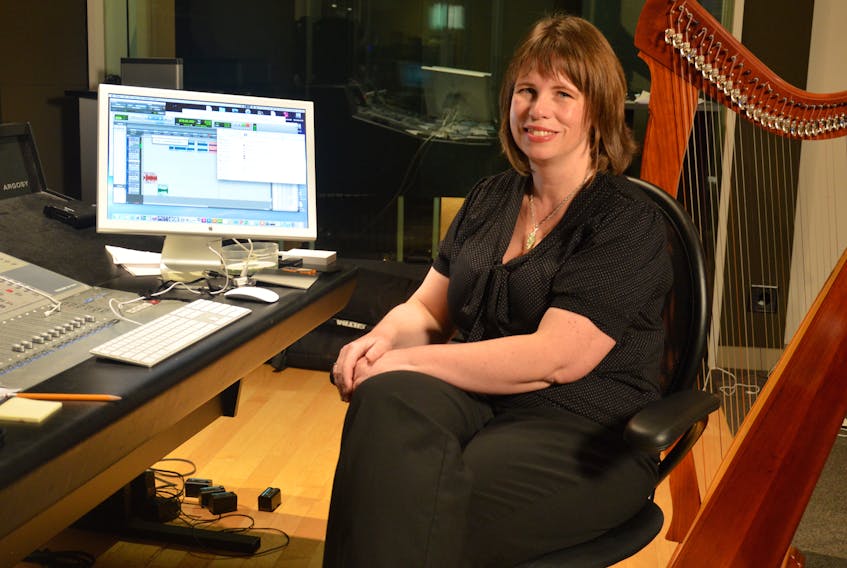 Dr. Heather Sparling sits in the recording studio at Cape Breton University. It is one of the facilities students in the traditional music program get to use.