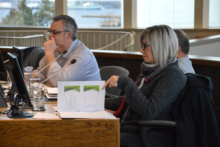From left, municipal councillor Steve Gillespie listens intently to Cape Breton Regional Police Service Chief Peter McIsaac’s presentation about cannabis legalization during a police commissioners meeting on Tuesday, while citizen appointee, Dale Deering-Bert reviews his notes. Nikki Sullivan/Cape Breton Post