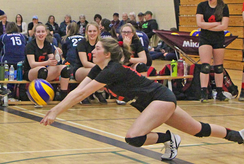 Grade 12 Keisha Gillis of the Inverness Academy Rebels dives for a sensational dig in the championship match win over Hants North Flames.