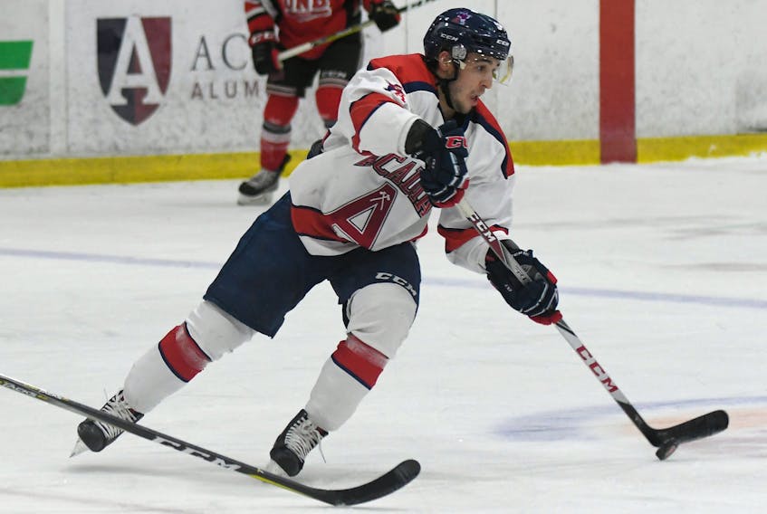 Kyle Farrell of Howie Centre is in his third season with the Acadia Axemen men’s hockey team. The Axemen open the Atlantic University Sport playoffs in quarter-final play against the Dalhousie Tigers tonight in Wolfville.