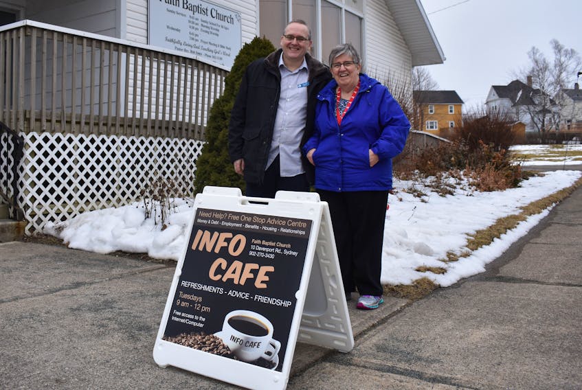 Pastor Rob Jones and Wilma Blois co-host the Info Café every Tuesday morning at the Faith Baptist Church on Davenport Road in Sydney. The three-hour weekly session offers refreshment, advice, and friendship to people in need.