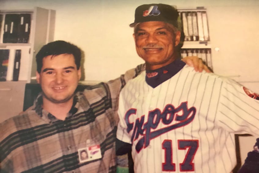 Brad Jacobs of Sydney, left, and former Montreal Expos manager Felipe Alou in 1997. Jacobs was the video analyst for the Expos during the 1997 MLB season and worked closely with the now 84-year-old from the Dominican Republic.