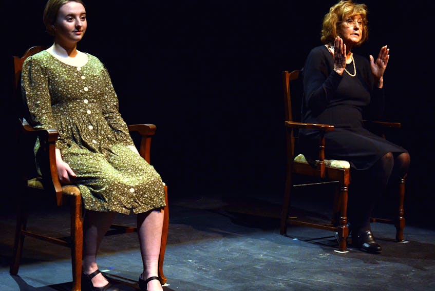 Sarah Walker, left, and Peigi Jenkins portray younger and older versions of the same character in “Anna Blufarb’s Second World War,” adapted and directed by Ken Jessome. This play will be performed at the Old Sydney Society building in downtown Sydney on Friday, Aug. 30 at 7 p.m.