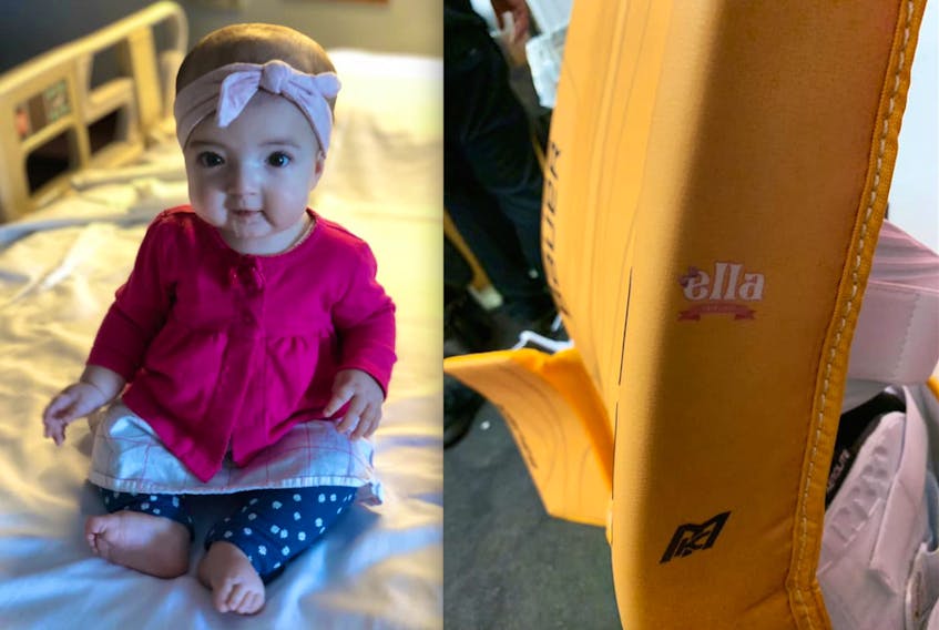 Ella MacPherson, daughter of Ryan and Jennifer MacPherson of Sydney, recently received a bone-marrow transplant in Toronto. The family spent several months in Ontario and recently returned home to Cape Breton. The logo in honour of Ella is pictured on the side of Kevin Mandolese’s new goalie pads. The 19-year-old netminder worked with Bauer Hockey to make the logo possible. The logo will be displayed on both sets of Mandolese’s pads.