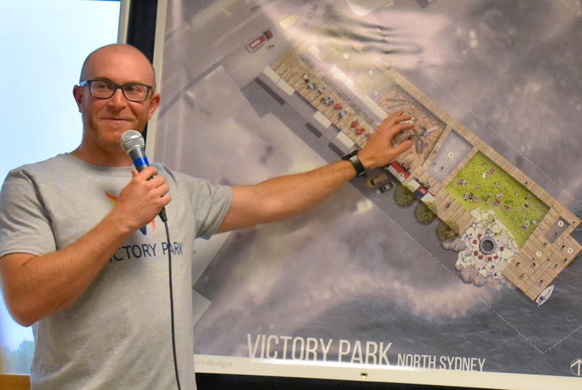 Ryan Duff, chair of the Victory Park Society, unveils plans for a community park between the Ballast Grounds and the Irving gas station on Commercial Street in North Sydney.