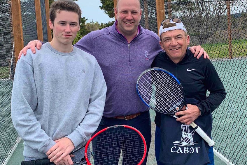 The Gallagher Open doubles tennis tournament was held earlier this month at Cabot Resorts in Inverness. Tennis Nova Scotia sanctioned event featured 16 tennis players and was won by Bryce Keating of Halifax and Bill Buckland of Sydney. From left, Keating, Greg Connell (Cabot representative) and Buckland. Photo Submitted/Roger Keating