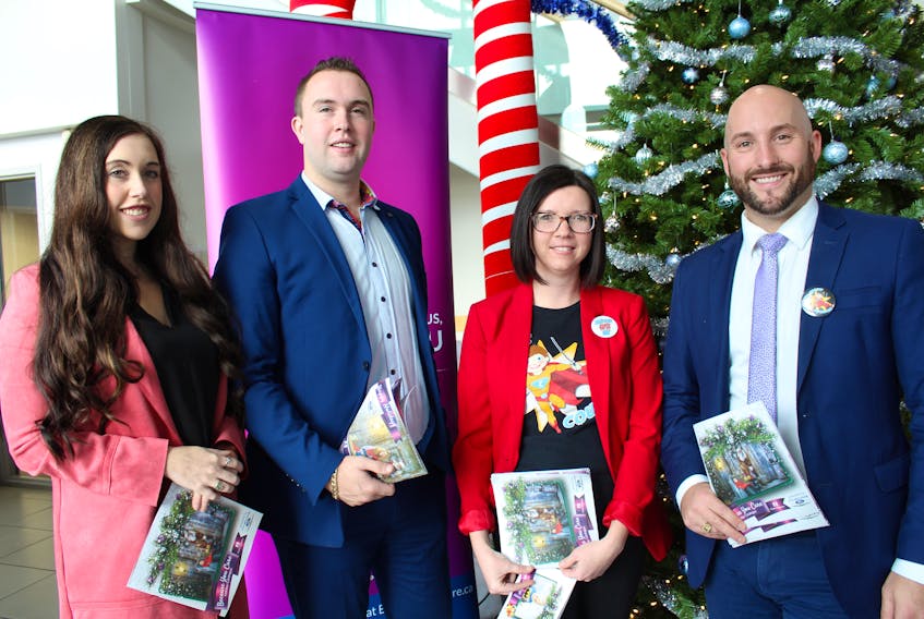 Helping to launch the Because You Care Holiday Catalogue at Colbourne Ford in Sydney was Kaitlin Colbourne and Grant Colbourne, from left, on behalf of Colbourne Auto, along with Nicole Forgeron-MacArthur of Caleb’s Courage and Mark Inglis, communications officer with the Cape Breton Regional Hospital Foundation.